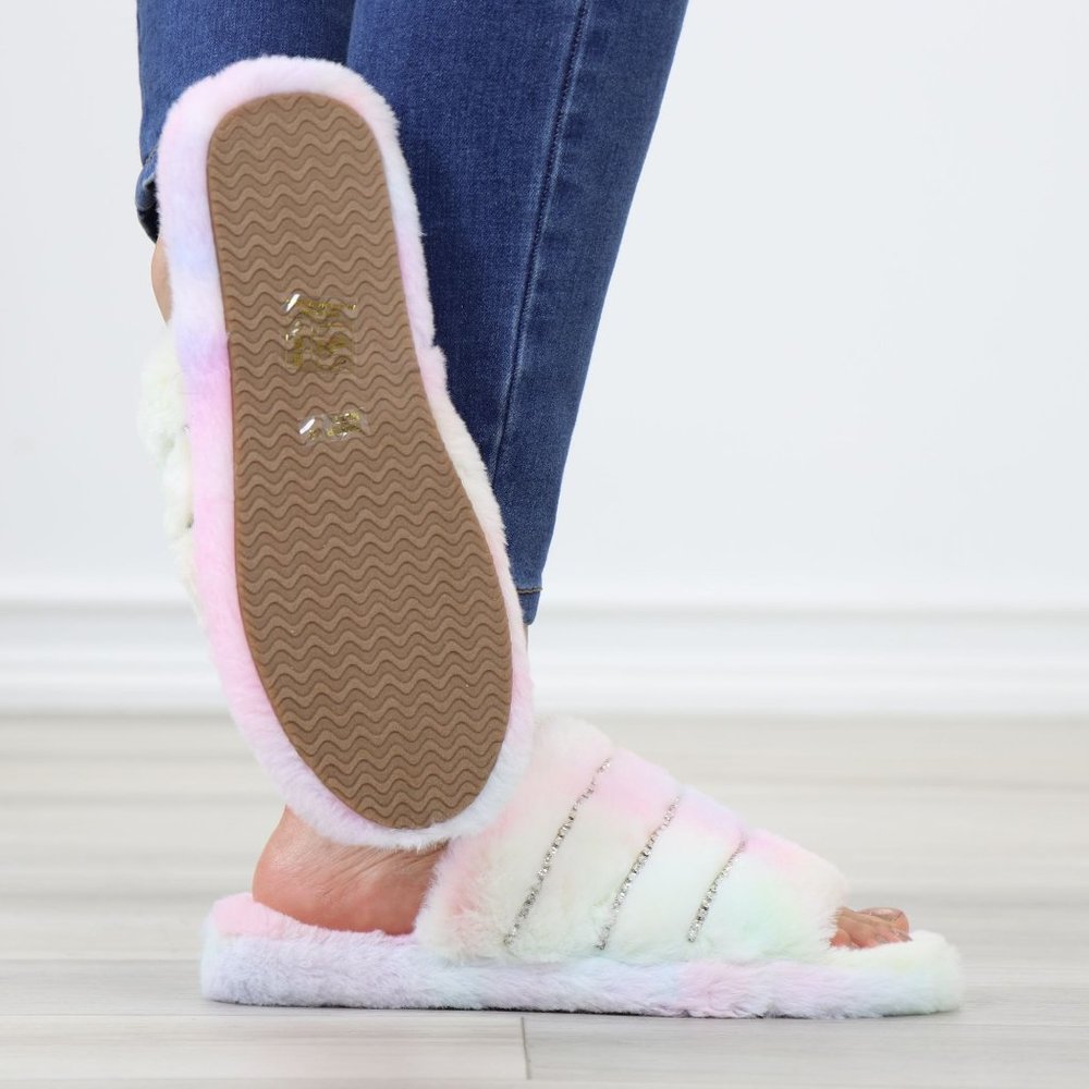 Tie Dye Puff Fuzzy Fluffy Slip On Plush Slippers Diamond Accents - Picture 5 of 15